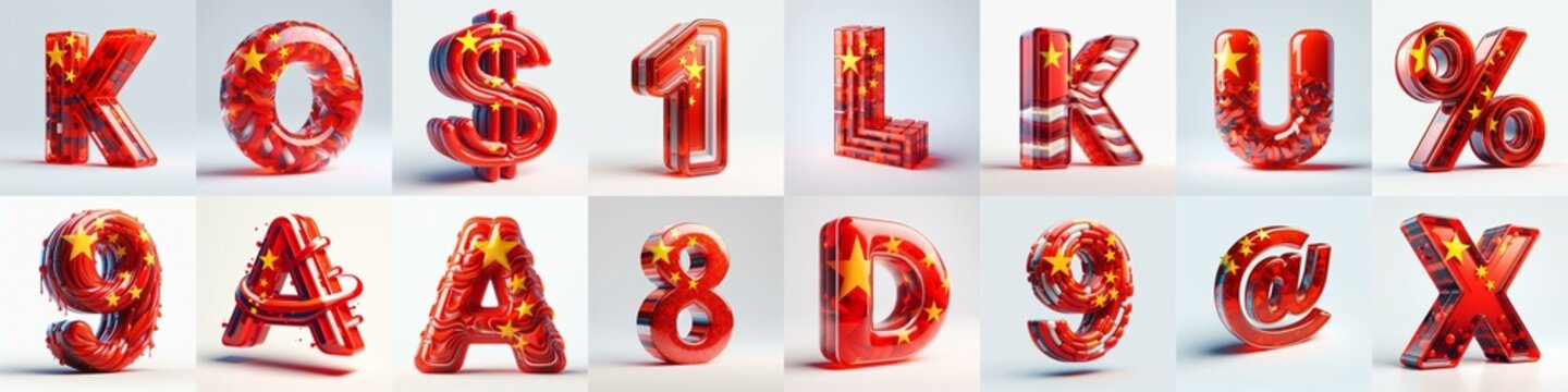 Glass letters shape in colors China flag 3D Lettering Typeface. AI generated illustration