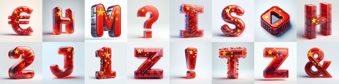 Glass letters shape in colors China flag 3D Lettering Typeface. AI generated illustration