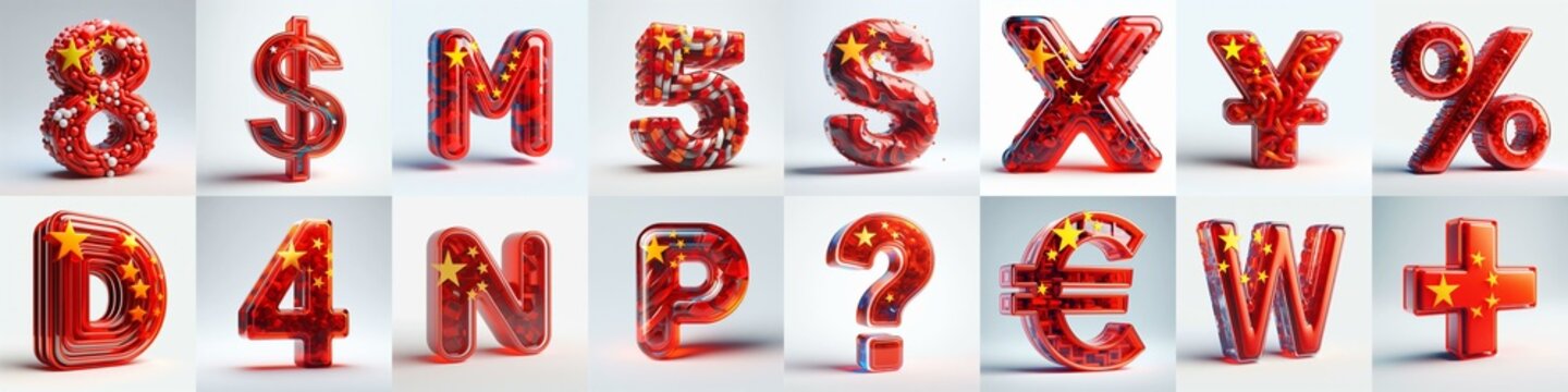 Glass letters shape in colors China flag 3D Lettering Typeface. AI generated illustration