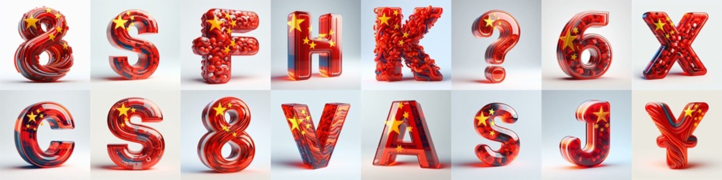 Glass letters shape in colors China flag 3D Lettering Typeface. AI generated illustration