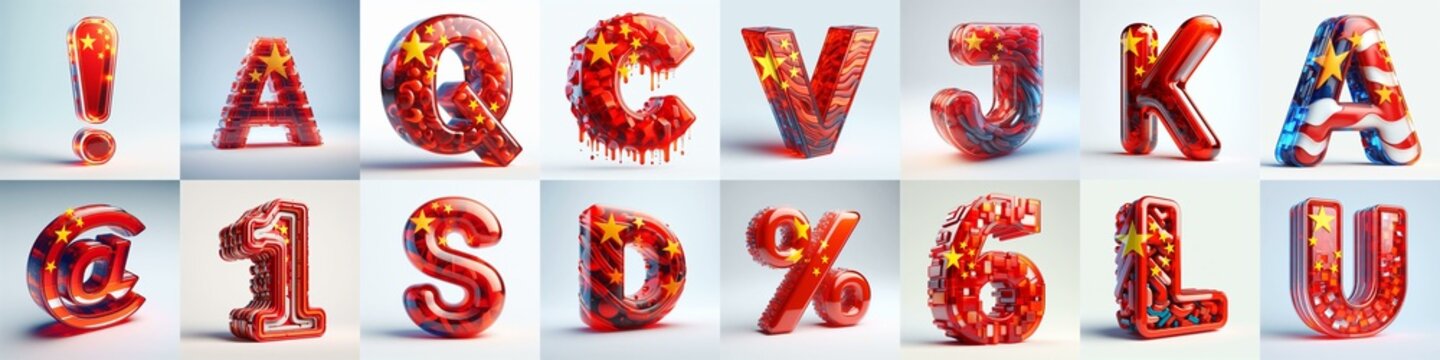 Glass letters shape in colors China flag 3D Lettering Typeface. AI generated illustration