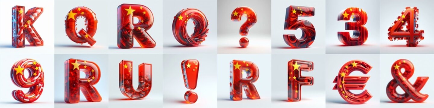 Glass letters shape in colors China flag 3D Lettering Typeface. AI generated illustration