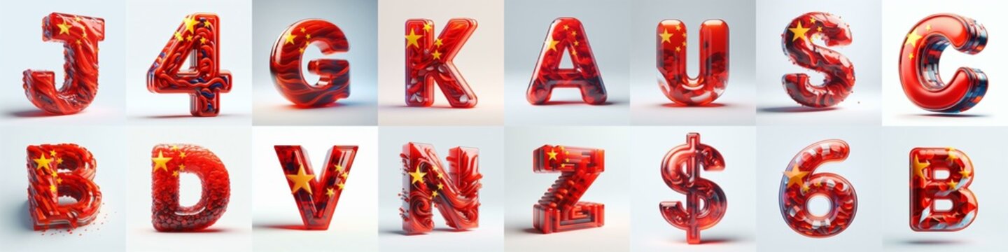 Glass letters shape in colors China flag 3D Lettering Typeface. AI generated illustration