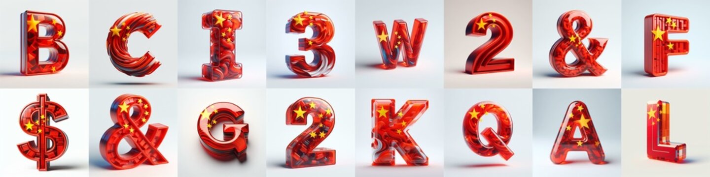 Glass letters shape in colors China flag 3D Lettering Typeface. AI generated illustration