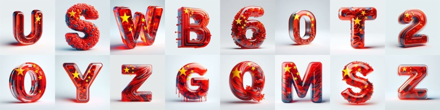 Glass letters shape in colors China flag 3D Lettering Typeface. AI generated illustration