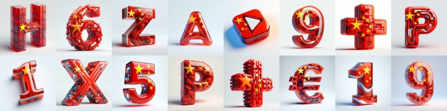 Glass letters shape in colors China flag 3D Lettering Typeface. AI generated illustration
