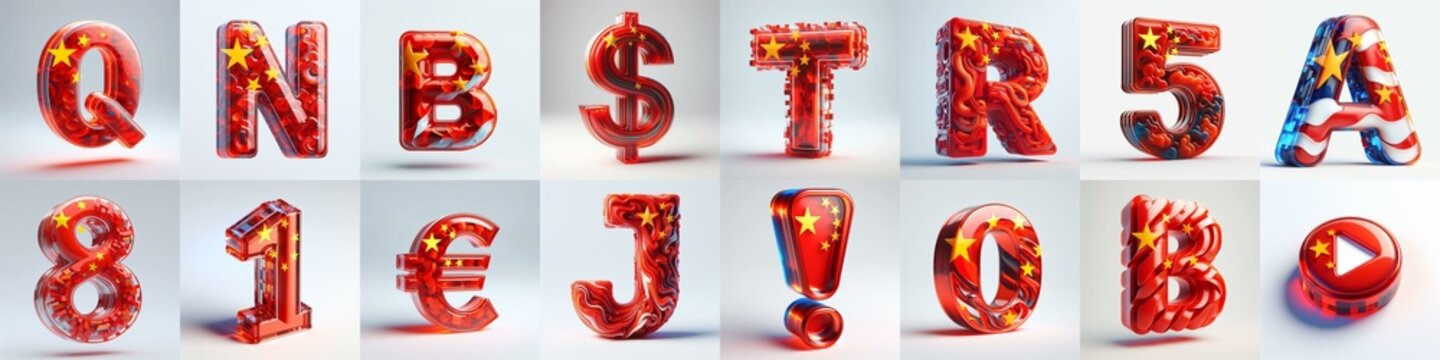 Glass letters shape in colors China flag 3D Lettering Typeface. AI generated illustration