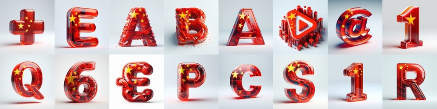 Glass letters shape in colors China flag 3D Lettering Typeface. AI generated illustration