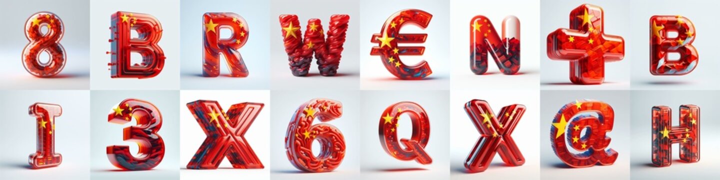 Glass letters shape in colors China flag 3D Lettering Typeface. AI generated illustration