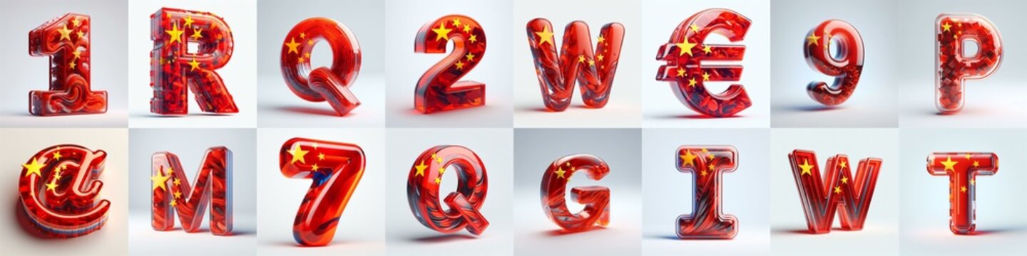 Glass letters shape in colors China flag 3D Lettering Typeface. AI generated illustration