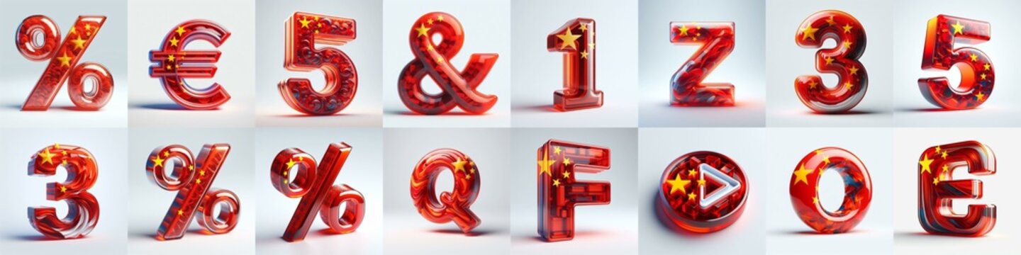Glass letters shape in colors China flag 3D Lettering Typeface. AI generated illustration