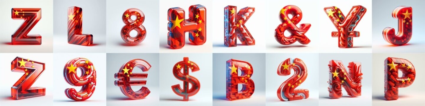 Glass letters shape in colors China flag 3D Lettering Typeface. AI generated illustration