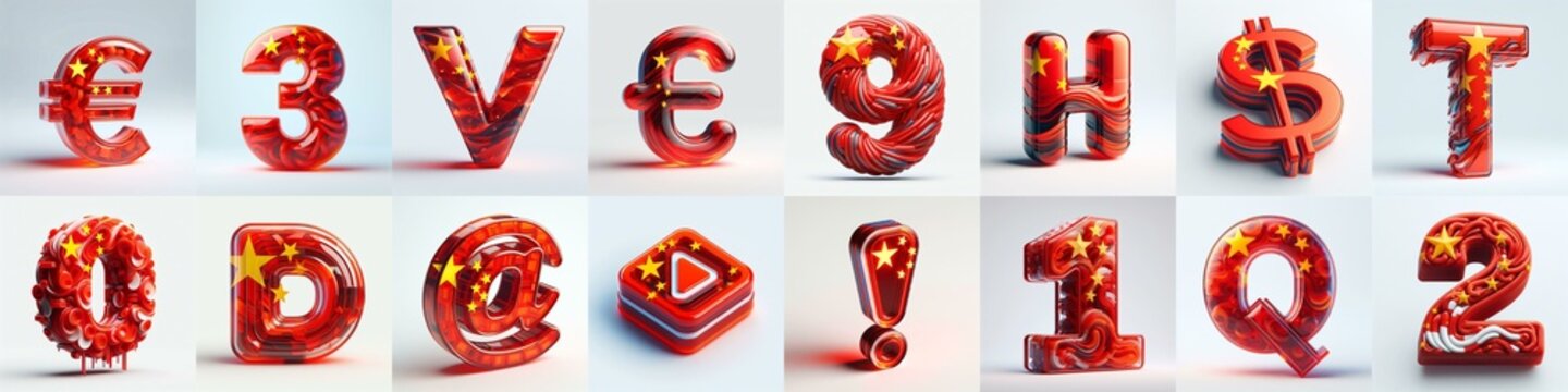 Glass letters shape in colors China flag 3D Lettering Typeface. AI generated illustration