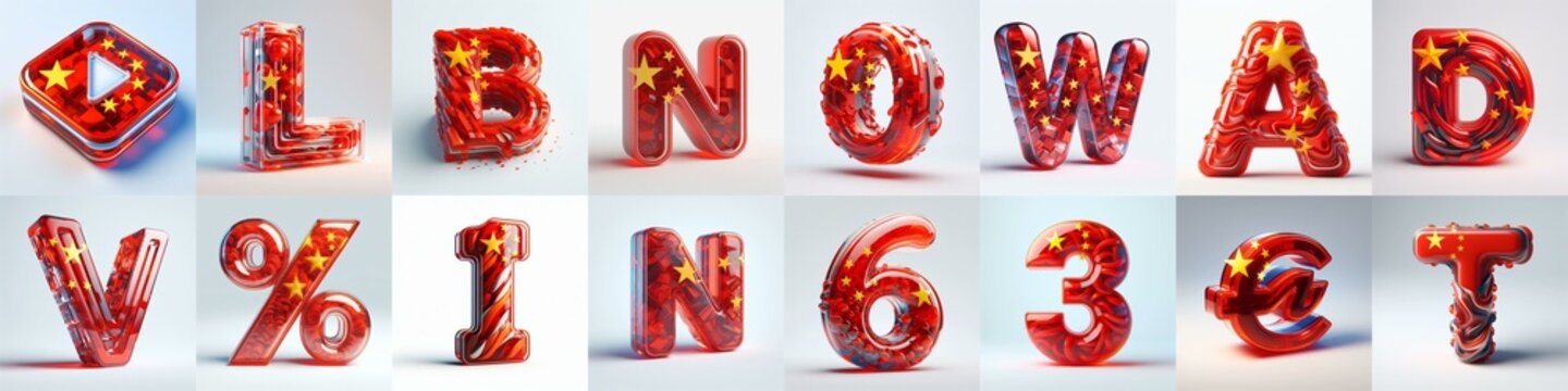 Glass letters shape in colors China flag 3D Lettering Typeface. AI generated illustration