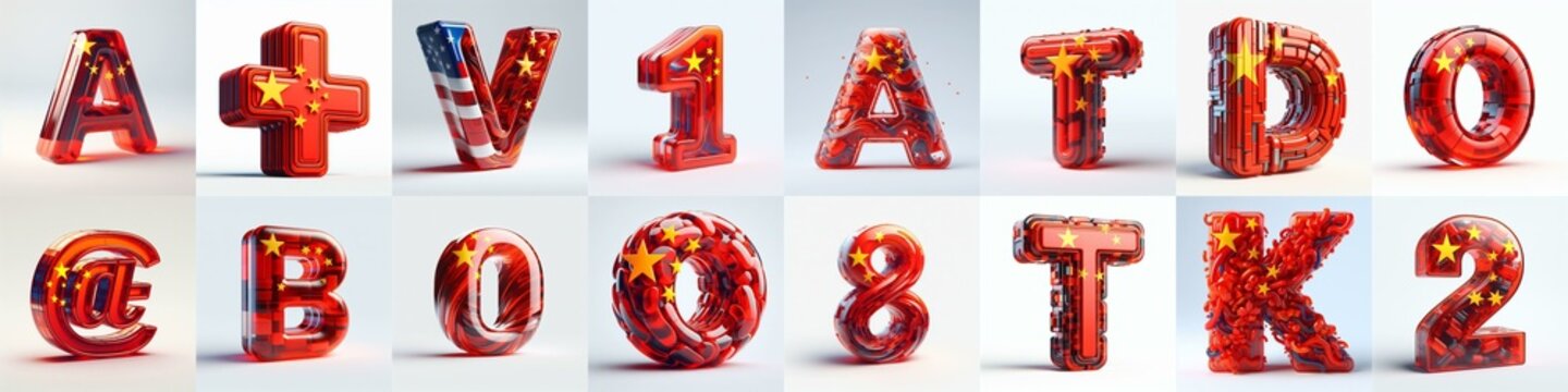 Glass letters shape in colors China flag 3D Lettering Typeface. AI generated illustration