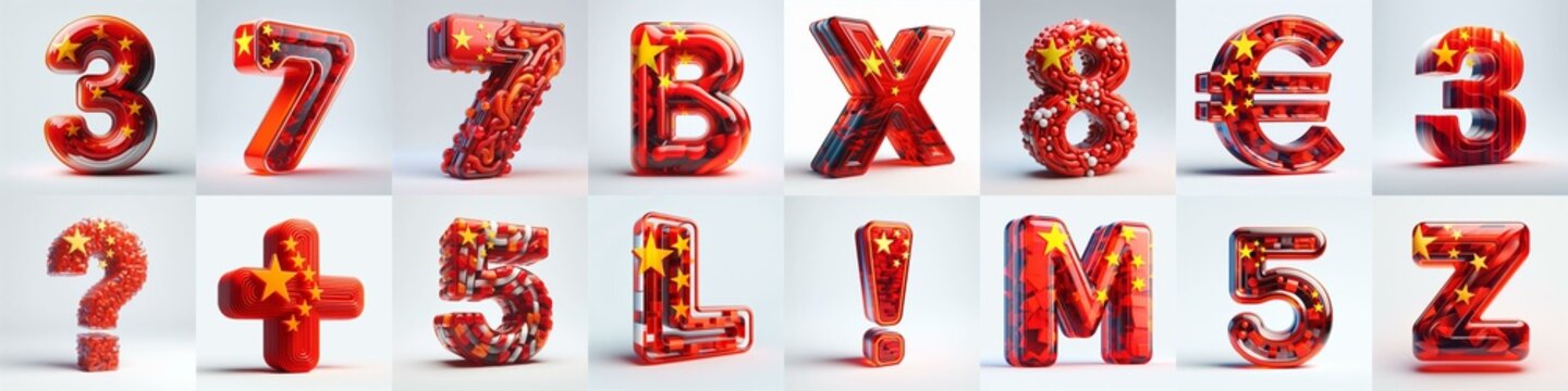 Glass letters shape in colors China flag 3D Lettering Typeface. AI generated illustration