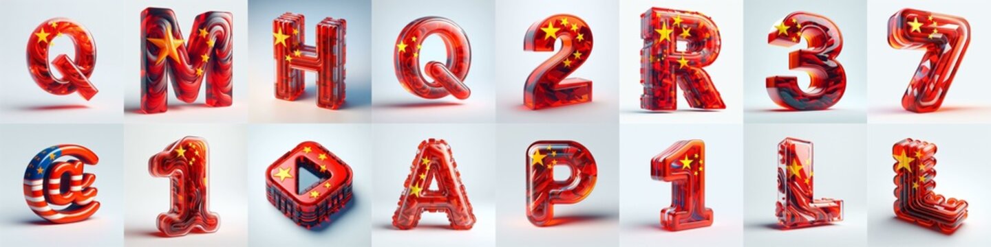 Glass letters shape in colors China flag 3D Lettering Typeface. AI generated illustration