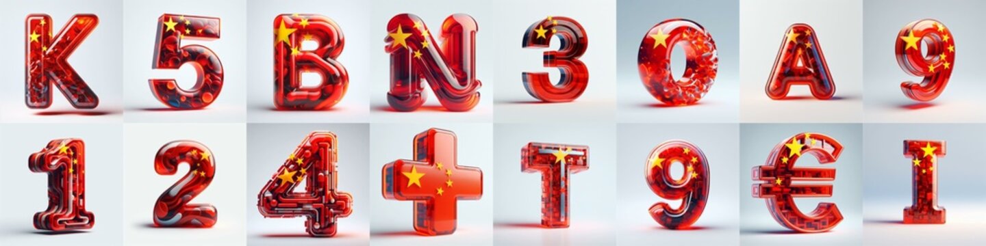 Glass letters shape in colors China flag 3D Lettering Typeface. AI generated illustration