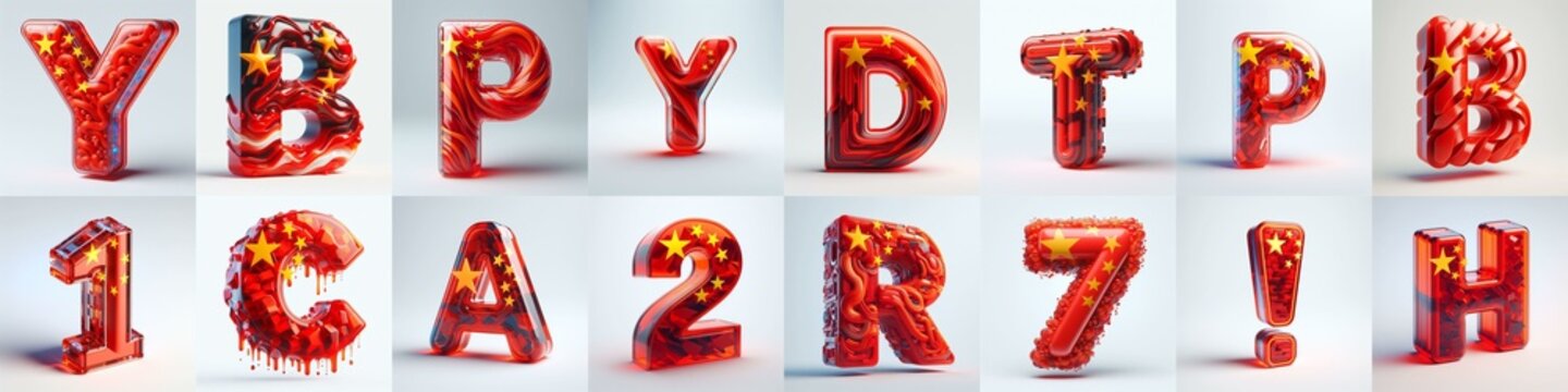 Glass letters shape in colors China flag 3D Lettering Typeface. AI generated illustration