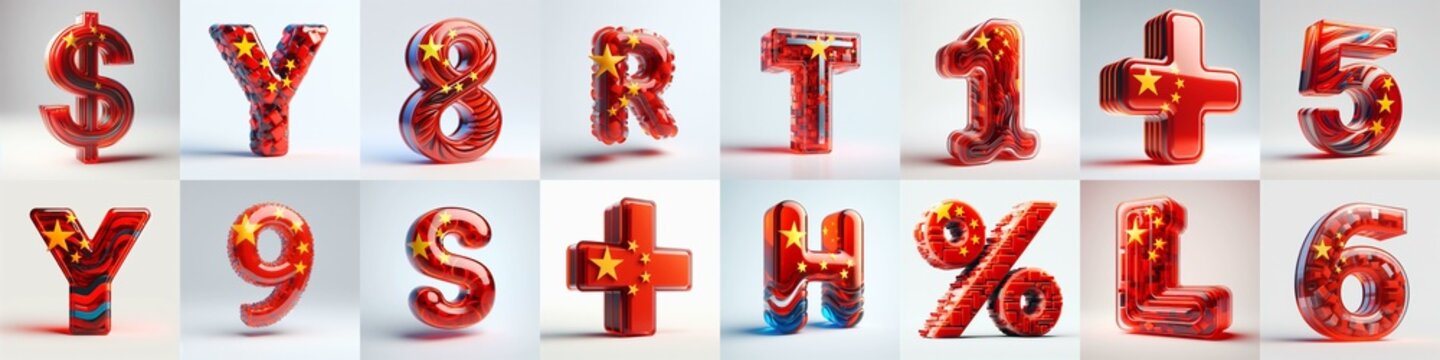 Glass letters shape in colors China flag 3D Lettering Typeface. AI generated illustration