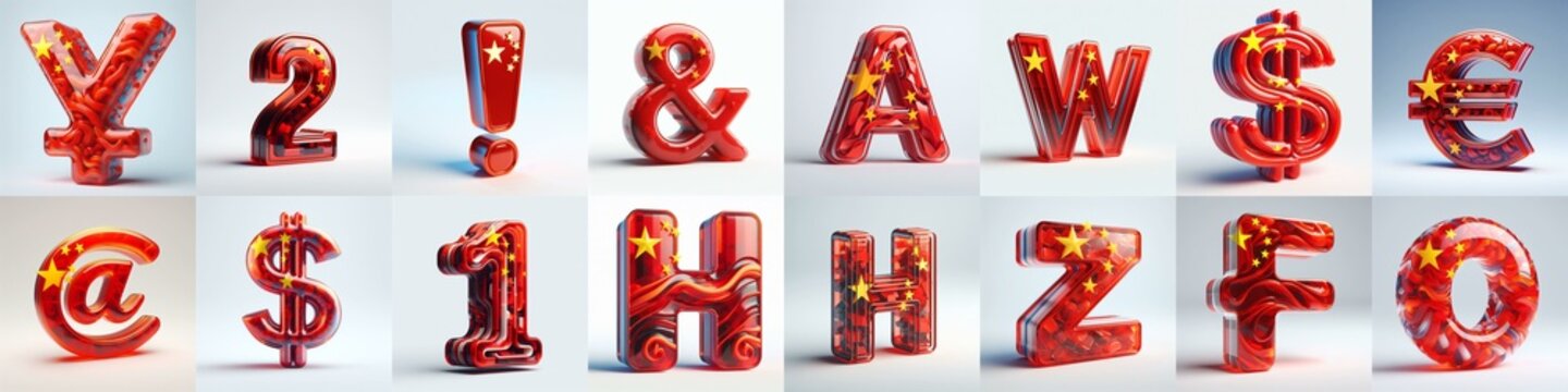 Glass letters shape in colors China flag 3D Lettering Typeface. AI generated illustration