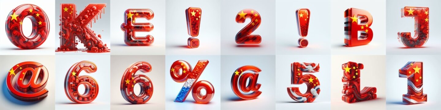 Glass letters shape in colors China flag 3D Lettering Typeface. AI generated illustration