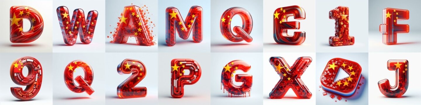 Glass letters shape in colors China flag 3D Lettering Typeface. AI generated illustration