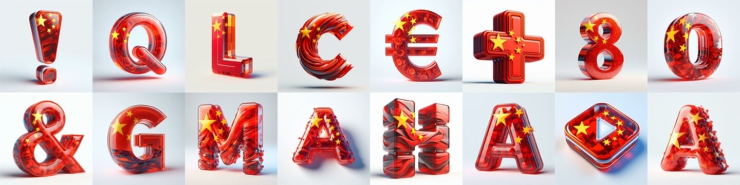 Glass letters shape in colors China flag 3D Lettering Typeface. AI generated illustration