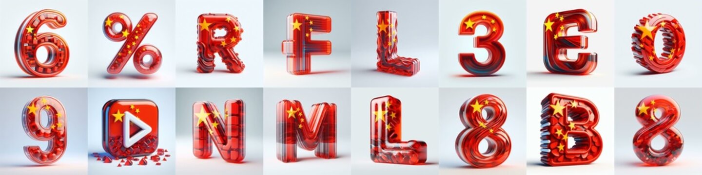 Glass letters shape in colors China flag 3D Lettering Typeface. AI generated illustration