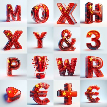 Glass letters shape in colors China flag 3D Lettering Typeface. AI generated illustration