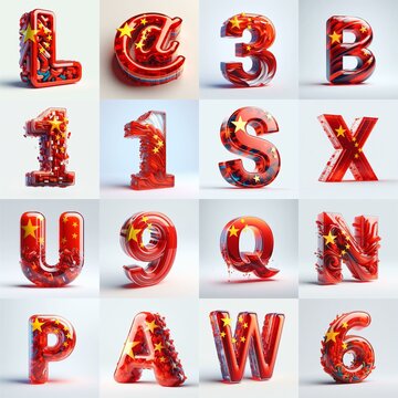 Glass letters shape in colors China flag 3D Lettering Typeface. AI generated illustration