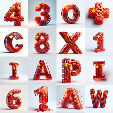 Glass letters shape in colors China flag 3D Lettering Typeface. AI generated illustration