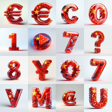 Glass letters shape in colors China flag 3D Lettering Typeface. AI generated illustration
