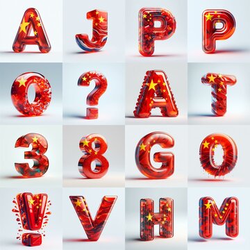 Glass letters shape in colors China flag 3D Lettering Typeface. AI generated illustration