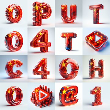 Glass letters shape in colors China flag 3D Lettering Typeface. AI generated illustration