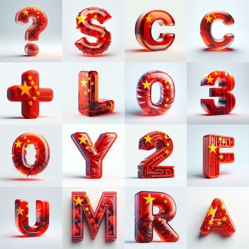 Glass letters shape in colors China flag 3D Lettering Typeface. AI generated illustration