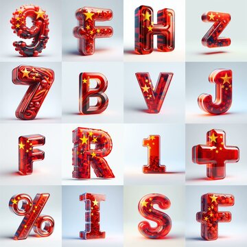 Glass letters shape in colors China flag 3D Lettering Typeface. AI generated illustration