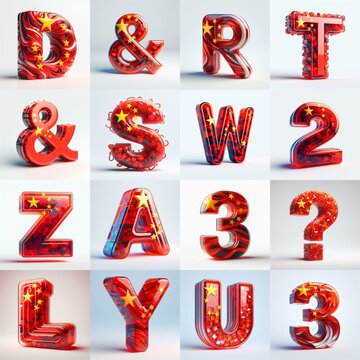 Glass letters shape in colors China flag 3D Lettering Typeface. AI generated illustration