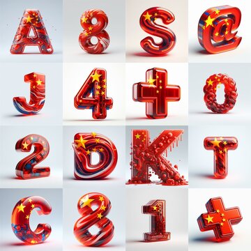 Glass letters shape in colors China flag 3D Lettering Typeface. AI generated illustration