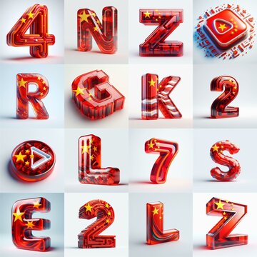 Glass letters shape in colors China flag 3D Lettering Typeface. AI generated illustration