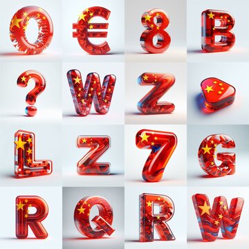 Glass letters shape in colors China flag 3D Lettering Typeface. AI generated illustration