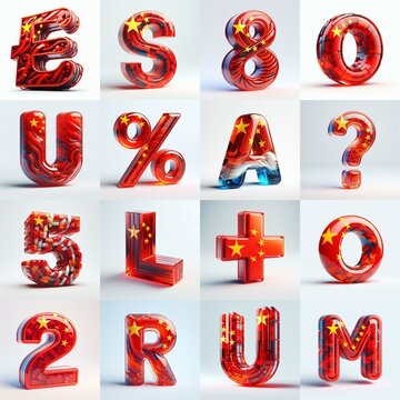 Glass letters shape in colors China flag 3D Lettering Typeface. AI generated illustration