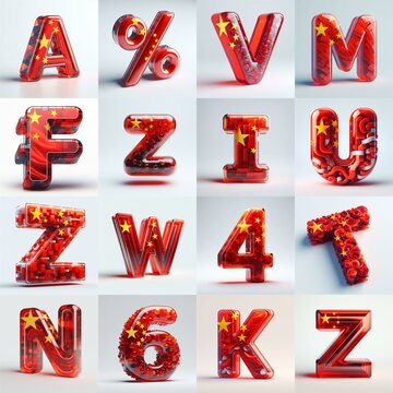 Glass letters shape in colors China flag 3D Lettering Typeface. AI generated illustration
