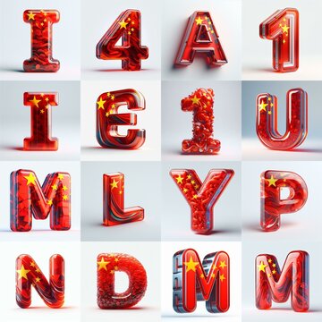 Glass letters shape in colors China flag 3D Lettering Typeface. AI generated illustration