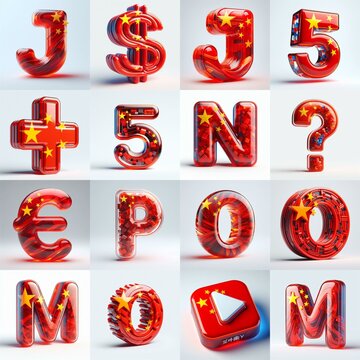 Glass letters shape in colors China flag 3D Lettering Typeface. AI generated illustration