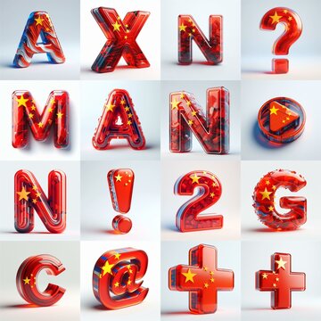 Glass letters shape in colors China flag 3D Lettering Typeface. AI generated illustration
