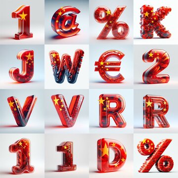 Glass letters shape in colors China flag 3D Lettering Typeface. AI generated illustration