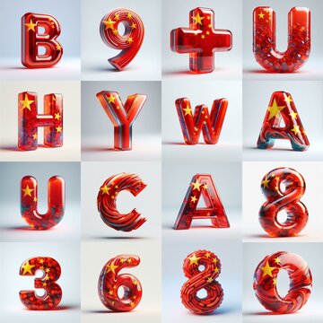 Glass letters shape in colors China flag 3D Lettering Typeface. AI generated illustration