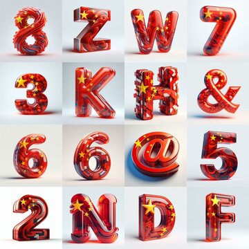 Glass letters shape in colors China flag 3D Lettering Typeface. AI generated illustration