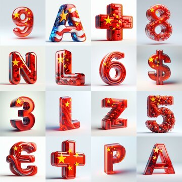 Glass letters shape in colors China flag 3D Lettering Typeface. AI generated illustration